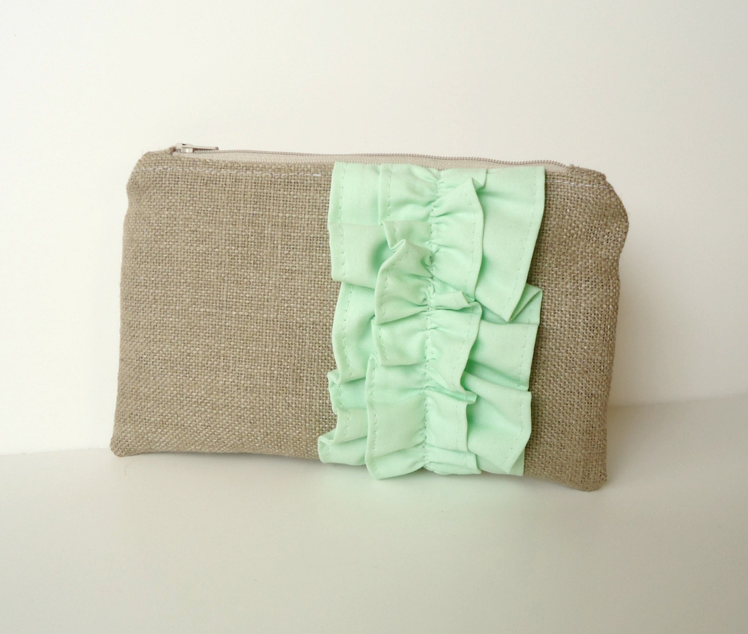 Mint Green Burlap Ruffle Zipper Clutch - Bridesmaid Gift - Pastel Mint Wedding Bag - JuneberryStitches