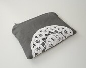 Grey Zipper Clutch White Vintage Lace Doily - iPhone Case - Silver Coin Purse