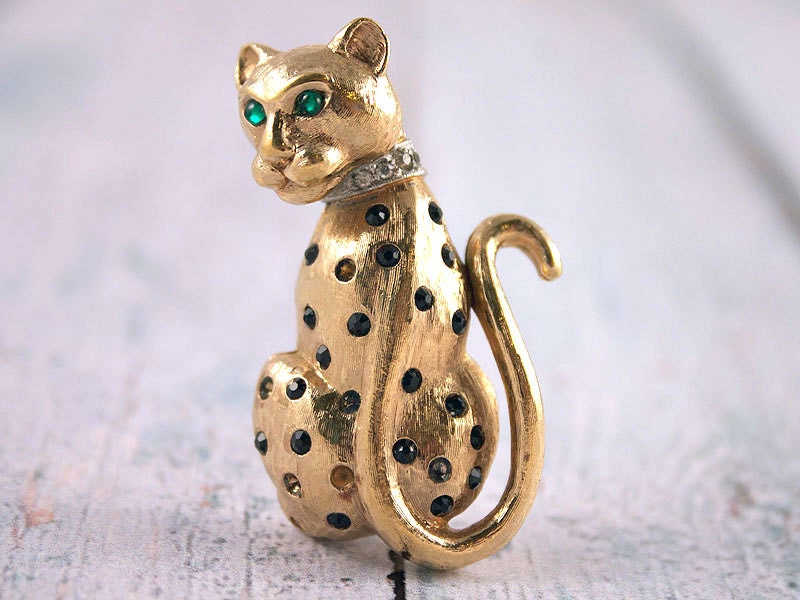 Vintage PANETTA Yellow Gold Tone Leopard Cat Pin Brooch For Repair