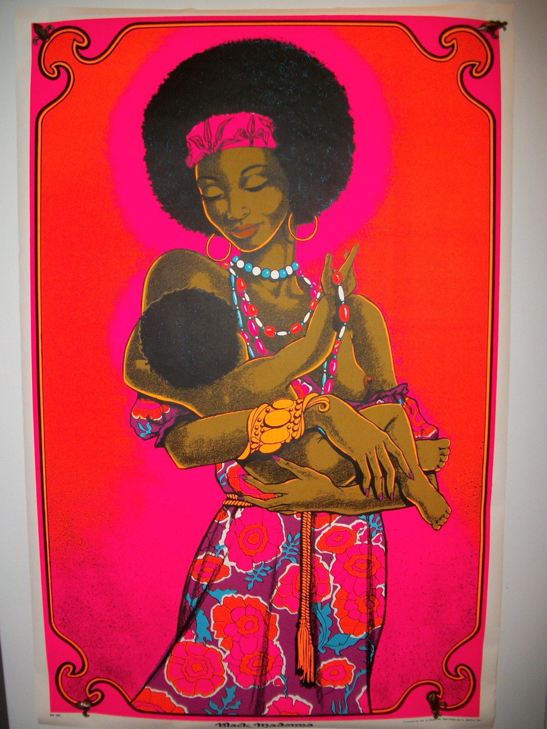Rare Vintage Original 1972 Screenprint "Black Madonna" Blacklight Poster