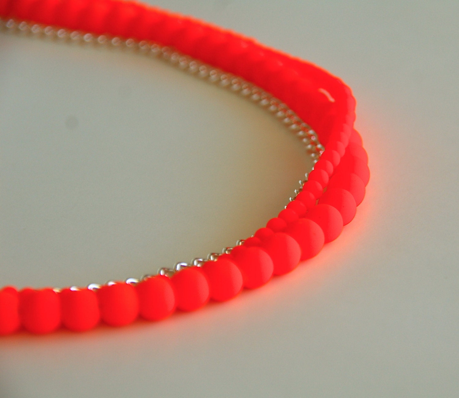 Neon Orange Glass Pearl & Silver Chain Necklace