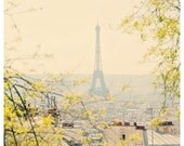 paris eiffel tower photo print - whimsical fine art architecture photography, fall, yellow, cream, city, love, romance, icon, europe - 12x12