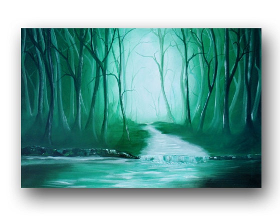 Green Landscape Painting Emerald Forest & Stream Painting Original Painting on Canvas Tree Paintings Woodland Large Painting by Heather Day