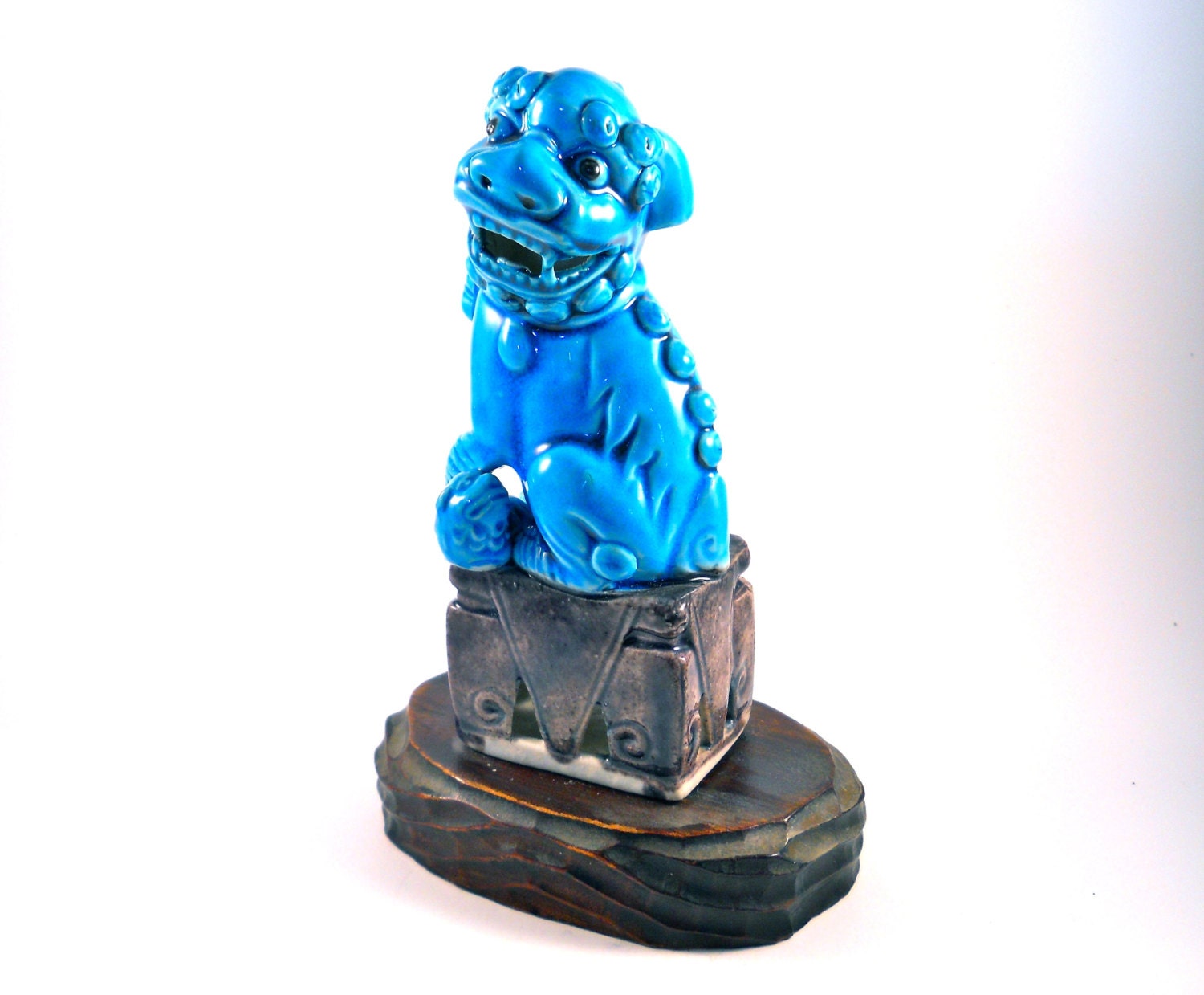 Porcelain Chinese Foo Dog on Wood platform Turquoise