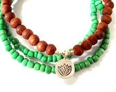Lotus Flower Bracelet Set, Olivewood, Green Glass, Hill Tribe Silver Lotus Charm, Set of 3 Yoga Bracelets