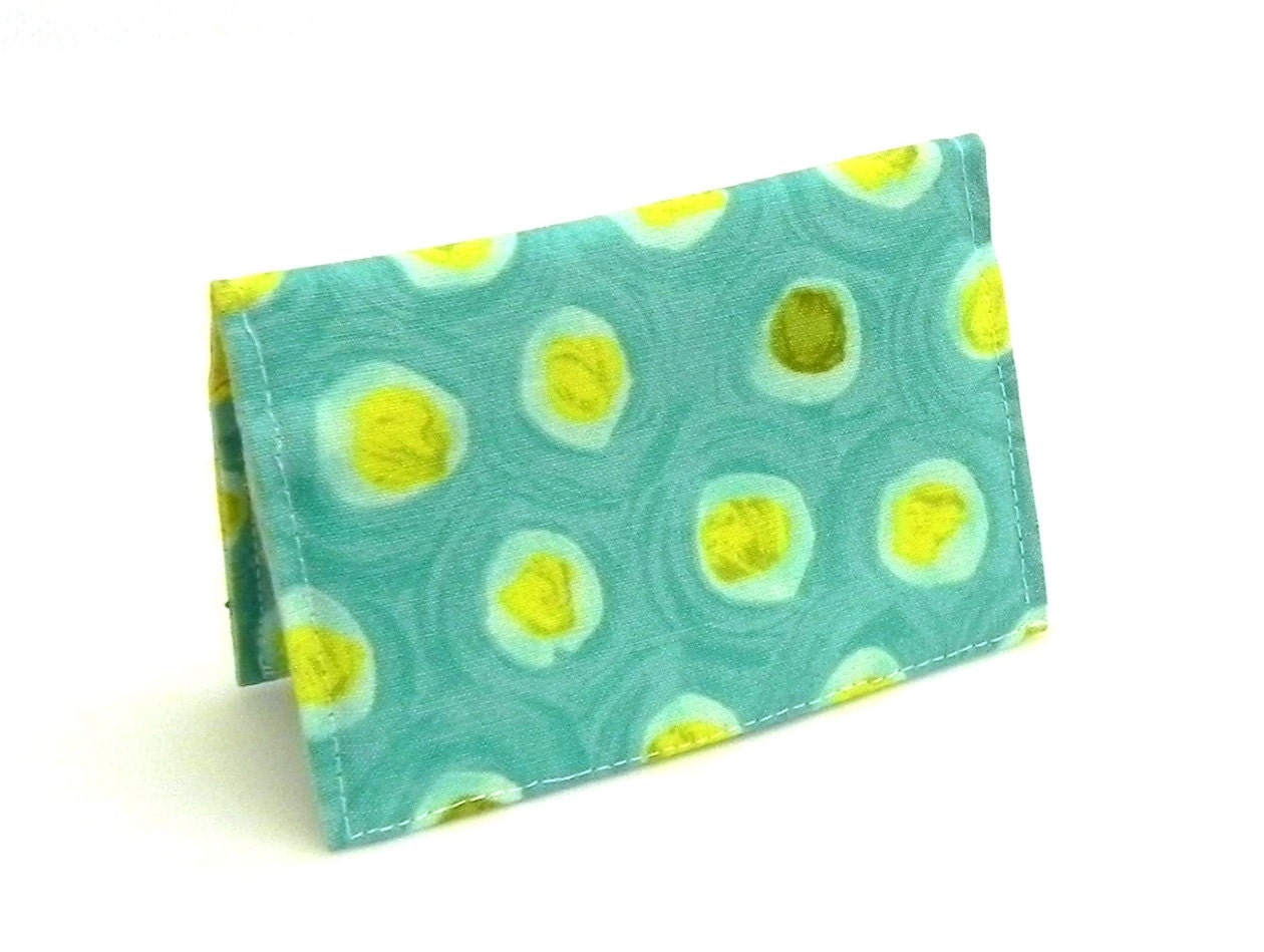 Business Card Holder - Turquoise, yellow and green polka dots- Retro mod