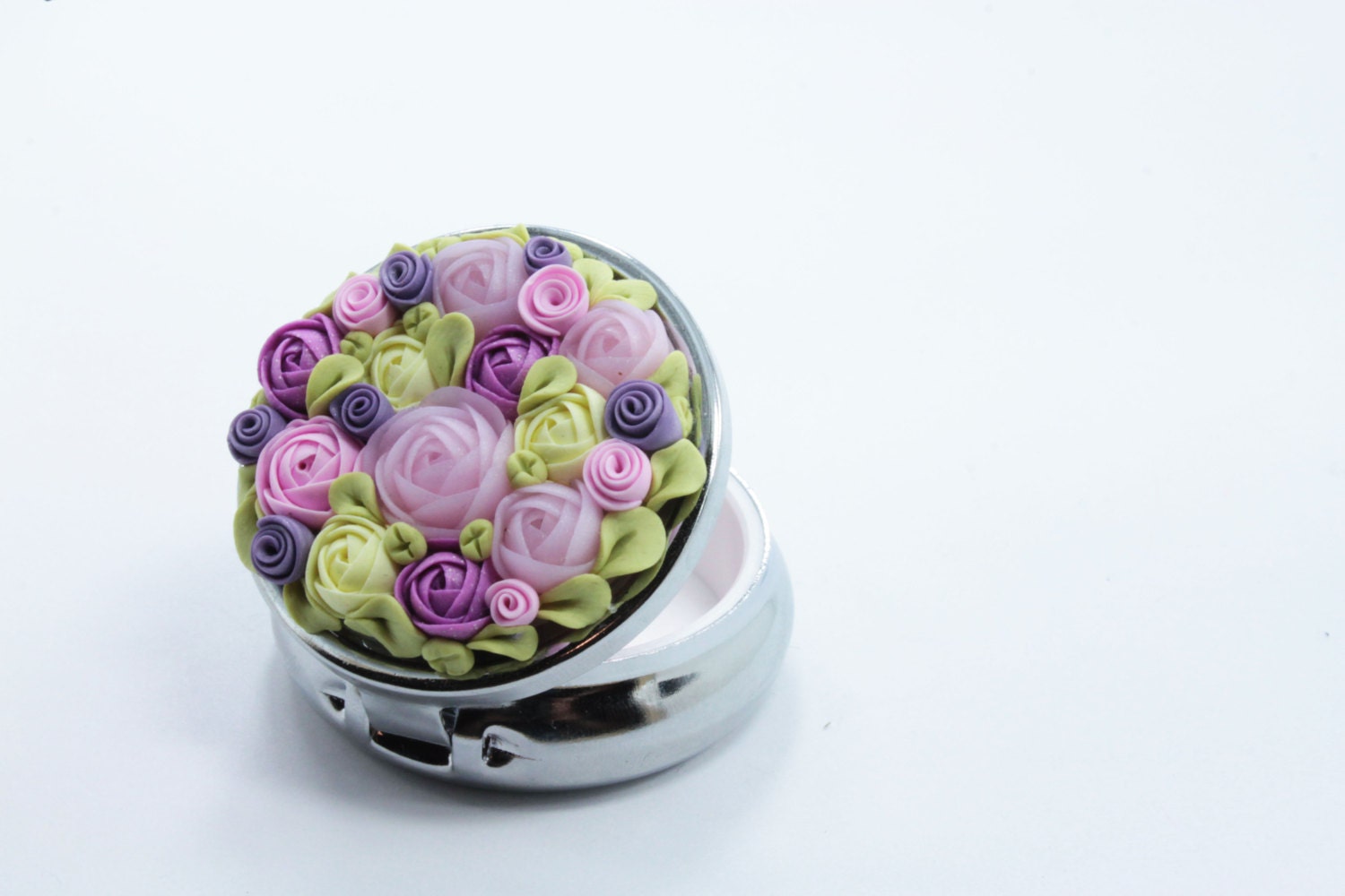Pill Box or Mint Box - Pink, Purple, Yellow  and White flowers, Silver Tone
