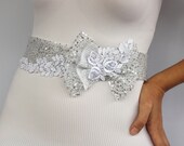 Silver Sequined Bow Wedding Dress Belt, White Lace Applique Embroidered Bridal Sash. Handmade