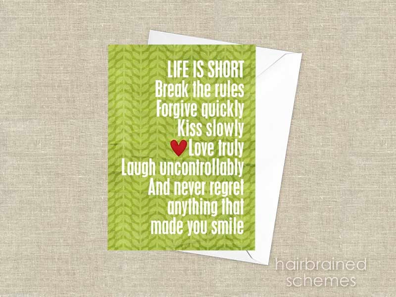 Life is Short Inspirational Motivational Greeting Birthday Card Green Leaf Red Heart Typography