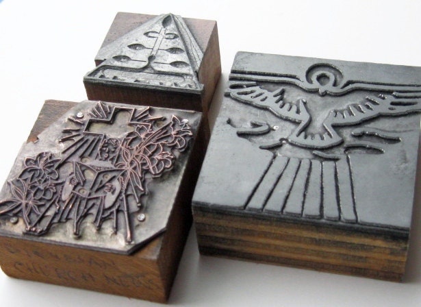 Vintage Letterpress Religious Print Blocks: Easter Symbols, Three Church Printer Blocks - yellowcabvintage