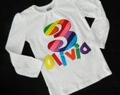 Boy or girl shirt with bright bubble gum yellow green blue orange rainbow colors personalized birthday number, name applique NB -16