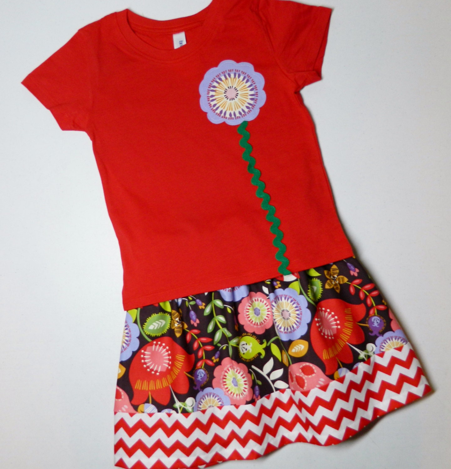 3 Piece Outfit - Red shirt with purple gold flower applique and pink, red, green, skirt with chevron border, bow girl, toddler, baby tween