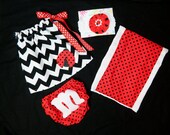 4 piece ladybug baby shower gift designer black chevron, red polka dot applique sundress, personalized diaper cover, headband, burp cloth