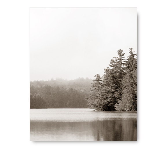 Black and White Lake Landscape Photography, pine trees, fog, foggy, soft, misty, smooth, original fine art, home decor, lake photo