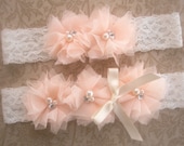 Bridal Garter Wedding Garter Set Toss Garter included Blush Peach Roses Ivory with Rhinestones and Pearls  Custom Wedding colors