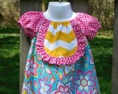 Girl's Infants Toddlers Peasant Dress with Bib front  - Colorful Bright Aqua Pink and Yellow Chevron