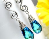 Blue Earrings Long Teardrop Dangle Earrings Swarovski Crystal Bermuda Blue Antique Silver Vintage Wire Wrapped Briolette Peacock Jewelry