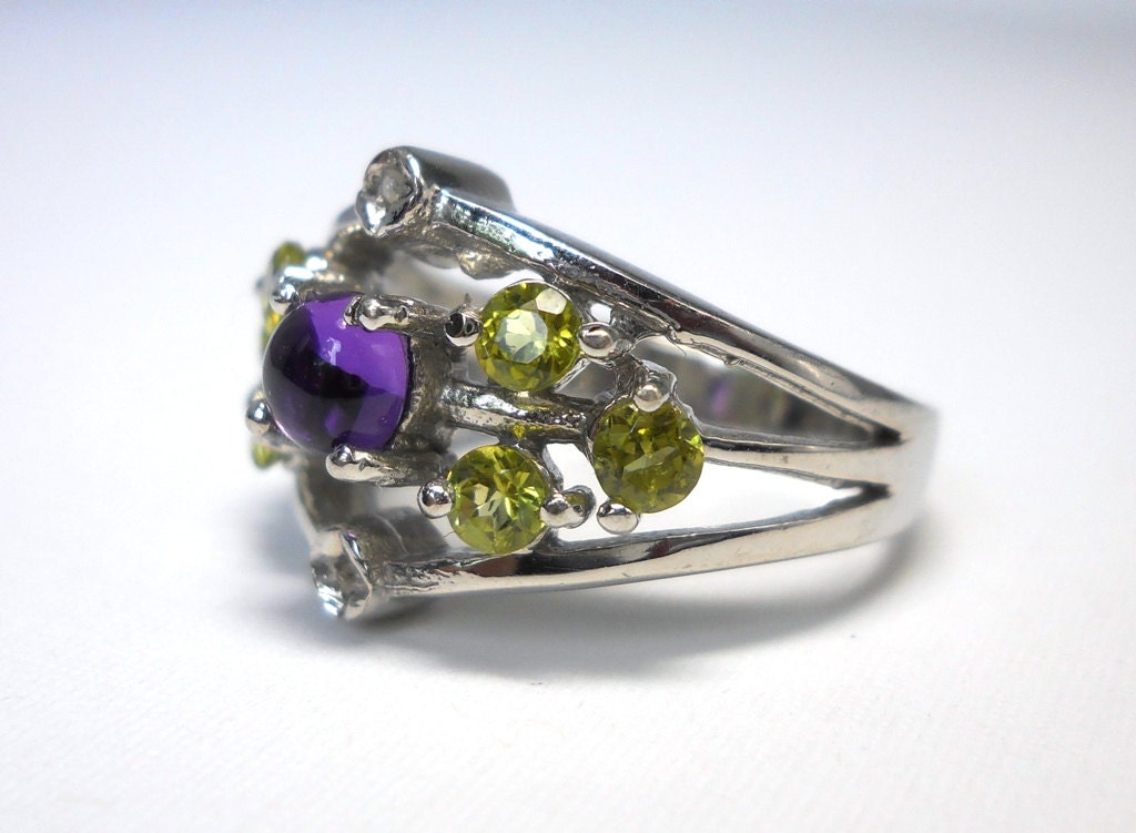 Vintage Sterling Silver Amethyst Peridot Diamond Ring