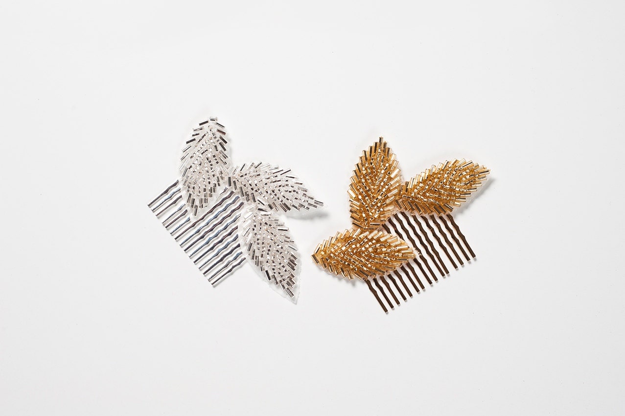 Beaded leaves hair comb silver or gold