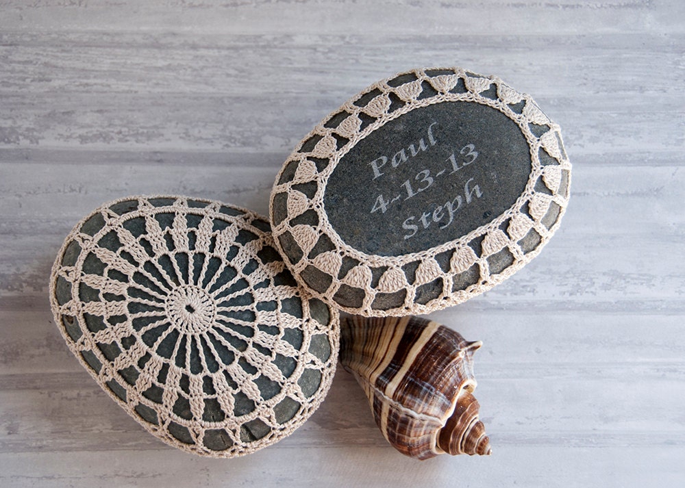 PERSONALIZED // laser engraved // crochet lace stone // rustic beach // bowl element // art object // gift for the home // wedding decor