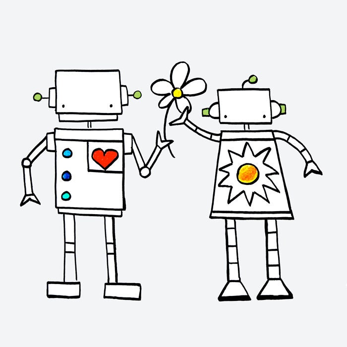 Shower Curtain - Robot  "Love Shines"