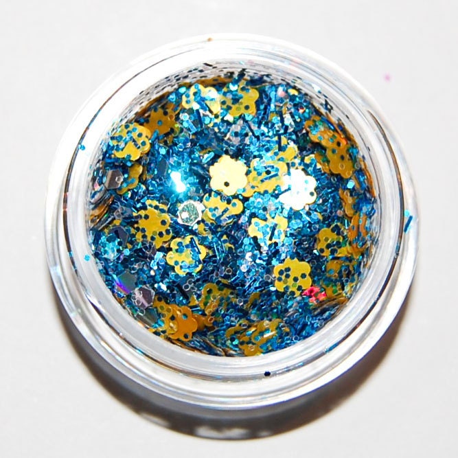 Solvent Resistant Glitter Mix: Blue, Silver and Yellow Sparkle Mix 5 GRAM JAR. Raw Nail Glitter Mix for Nail Polish and Nail Art