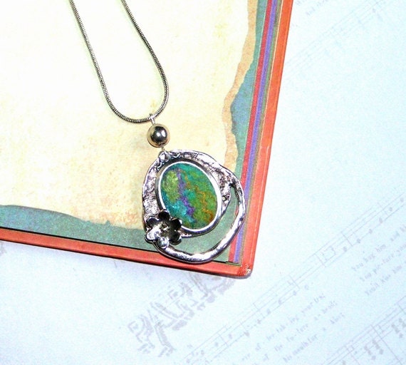 Felt Pendant Necklace Forest fairy mint gold purple violet green silk OOAK