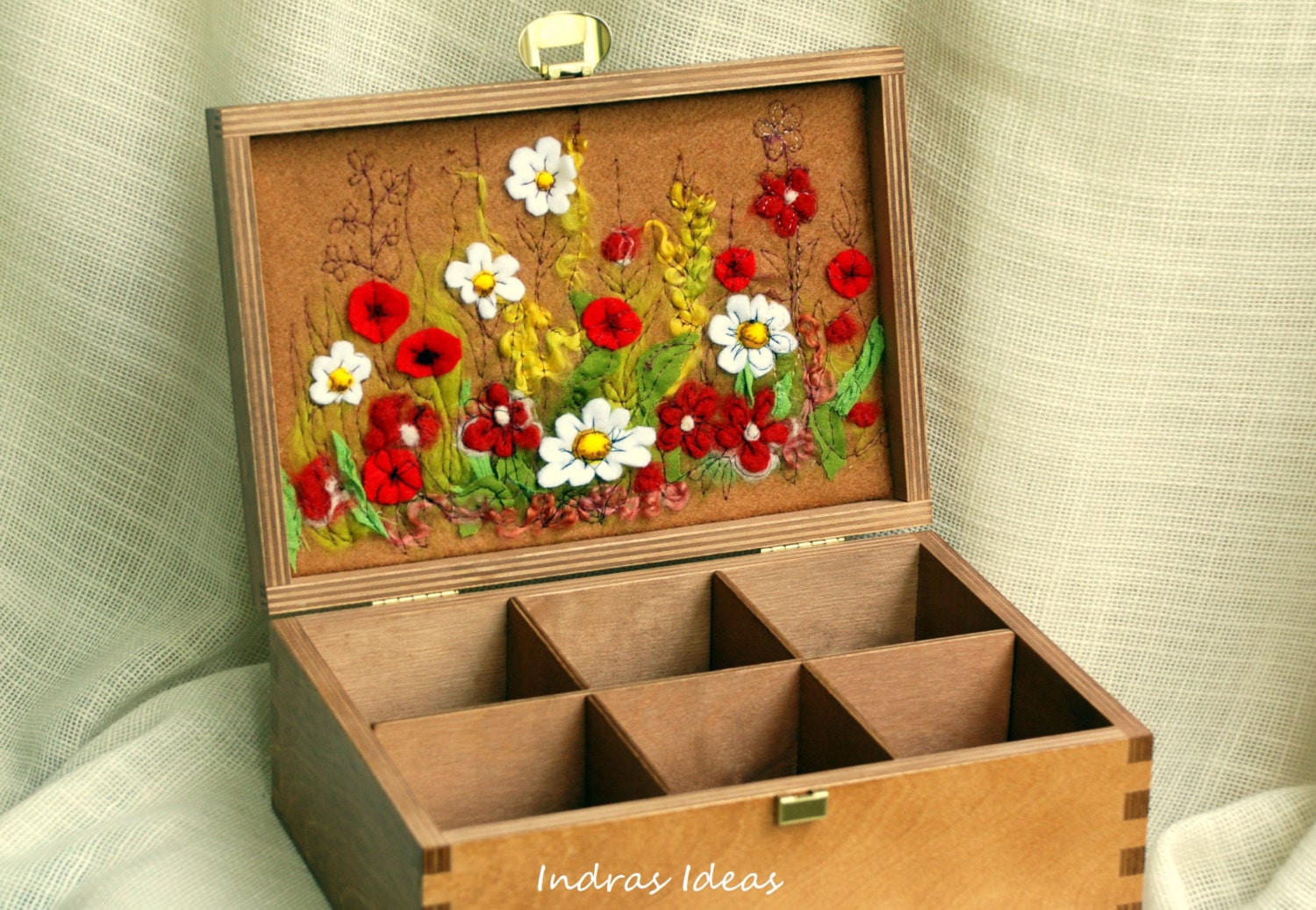 Embroidered Tea Box with flower meadow Embroidered  Wedding Card Box Jewelry Box