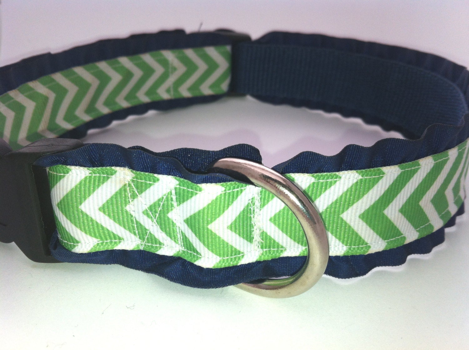 Green Chevron with Navy Ruffles Dog Collar