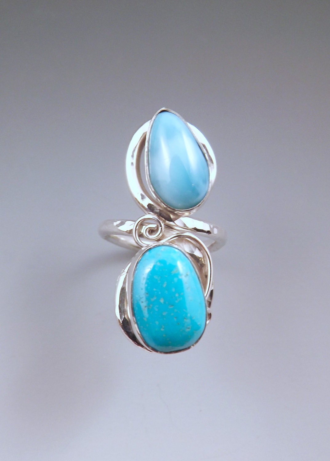 Larimar & Turquoise Adjustable Size Hammered Silver Swirl Statement Ring
