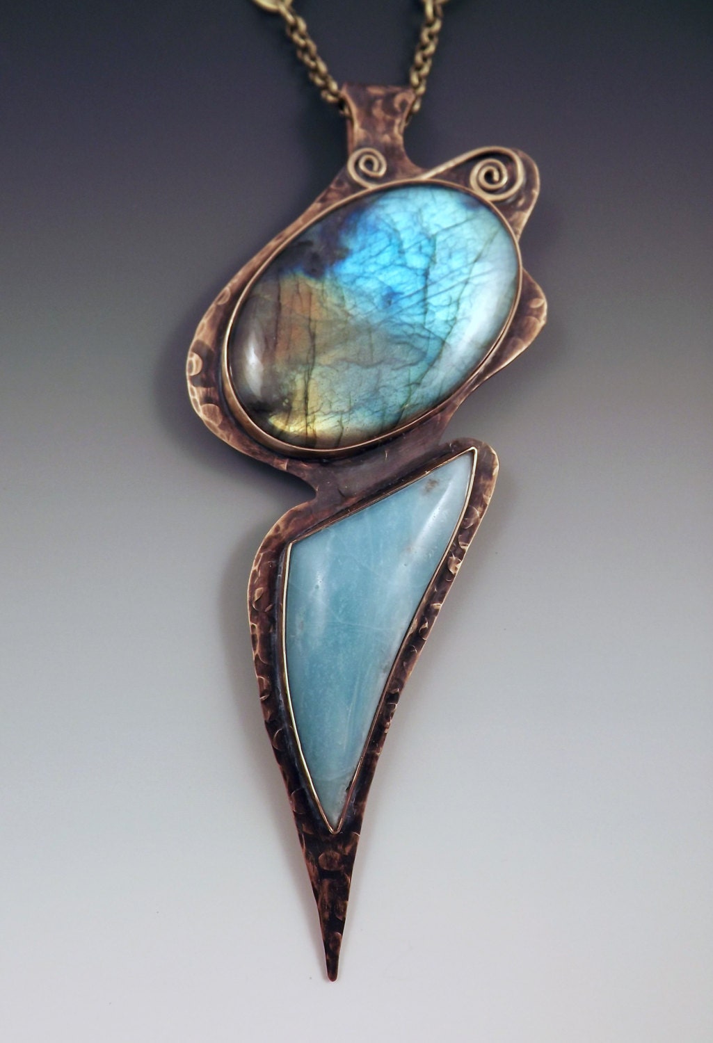 Labradorite and Amazonite- Signature Pendant- Smokey Bronze Metal Art Statement Necklace