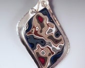 Fordite- Detroit Agate- Sapphire Sparkle- Sterling Silver Pendant- One of a Kind- Statement Piece
