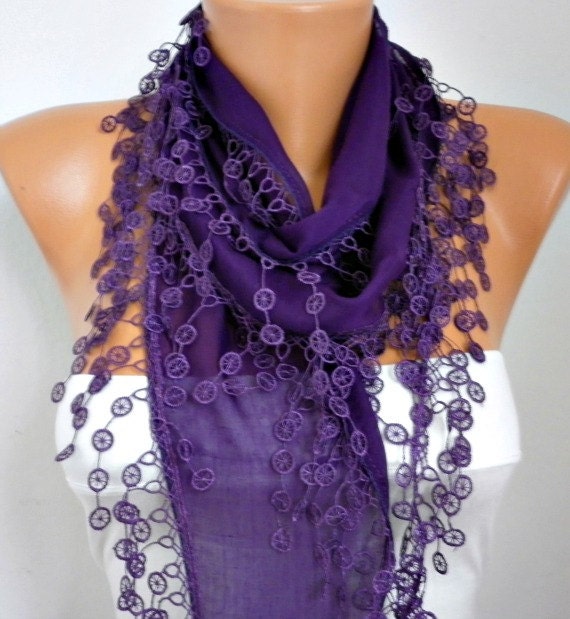 Purple  Scarf  - Cotton  Scarf -   Cowl with Lace Edge   - fatwoman