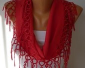 Women Pashmina  Scarf  - Cotton Scarf - - Cowl with Lace  Edge - Red