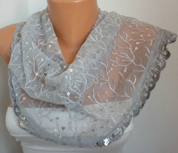 Gray Lace Sequin Scarf - Cowl Scarf with Lace Edge Bridesmaid Gifts - fatwoman