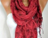 BIG SALE Peacock Scarf  Shawl Scarf -  Cowl Scarf  Red - fatwoman