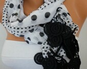 BIG SALE White  Scarf -  Cotton Scarf  Cowl with  Lace Edge  Gift - Polka dot  fatwoman - Bridesmaids Gifts