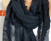BIG SALE Black  Shawl Scarf -  Cowl Scarf - Bridesmaid Gift -- for Her - Gift - mom -  fatwoman