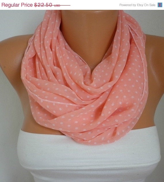 BIG SALE Salmon Scarf  Polka Dots Infinity Scarf Shawl Circle Scarf Loop Scarf Gift - for her -- fatwoman