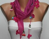 BIG SALE Fuchsia  Scarf ,Cotton Scarf  Woman  Cowl with Lace Edge -