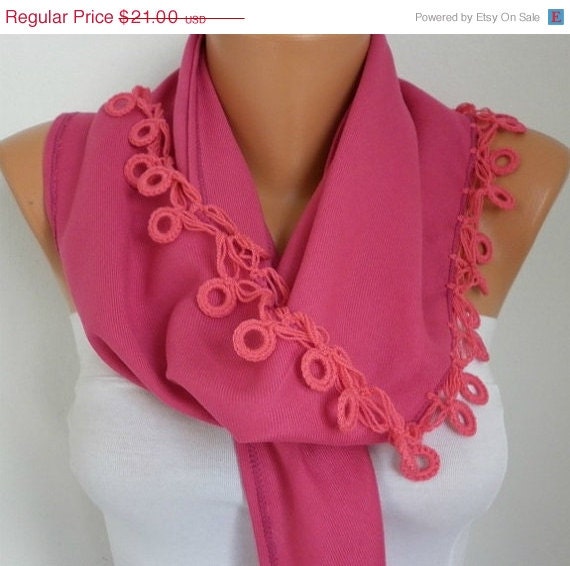 BIG SALE Hot Pink Scarf -  Pashmina  Scarf  - Cotton Scarf -  - Cowl with Lace  Edge - Women fashion - fatwoman