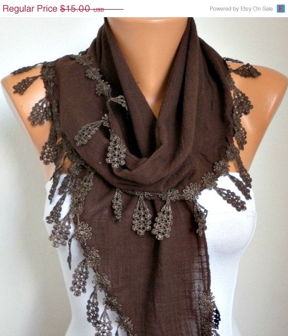 BIG SALE Brown Scarf  - Cotton  Scarf -  Cowl with Lace Edge   -