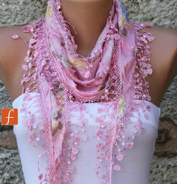 Multicolor Scarf  - Cotton  Scarf -  Cowl with Lace Edge