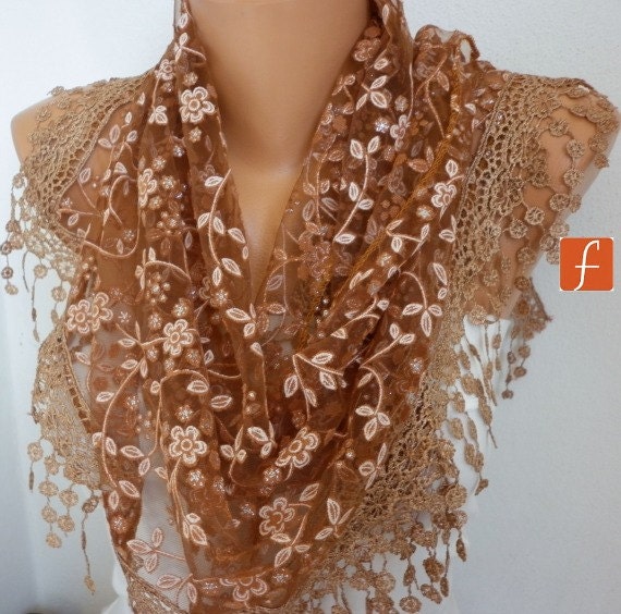 Women Shawl Scarf - Cowl Scarf Lace Scarf - Brown - fatwoman