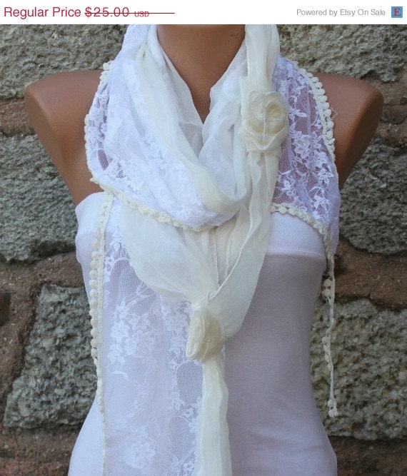 BIG SALE Creamy White Scarf - Cowl Scarf - fatwoman bridesmaid gift Lace Scarf Lace Shawl Bridal