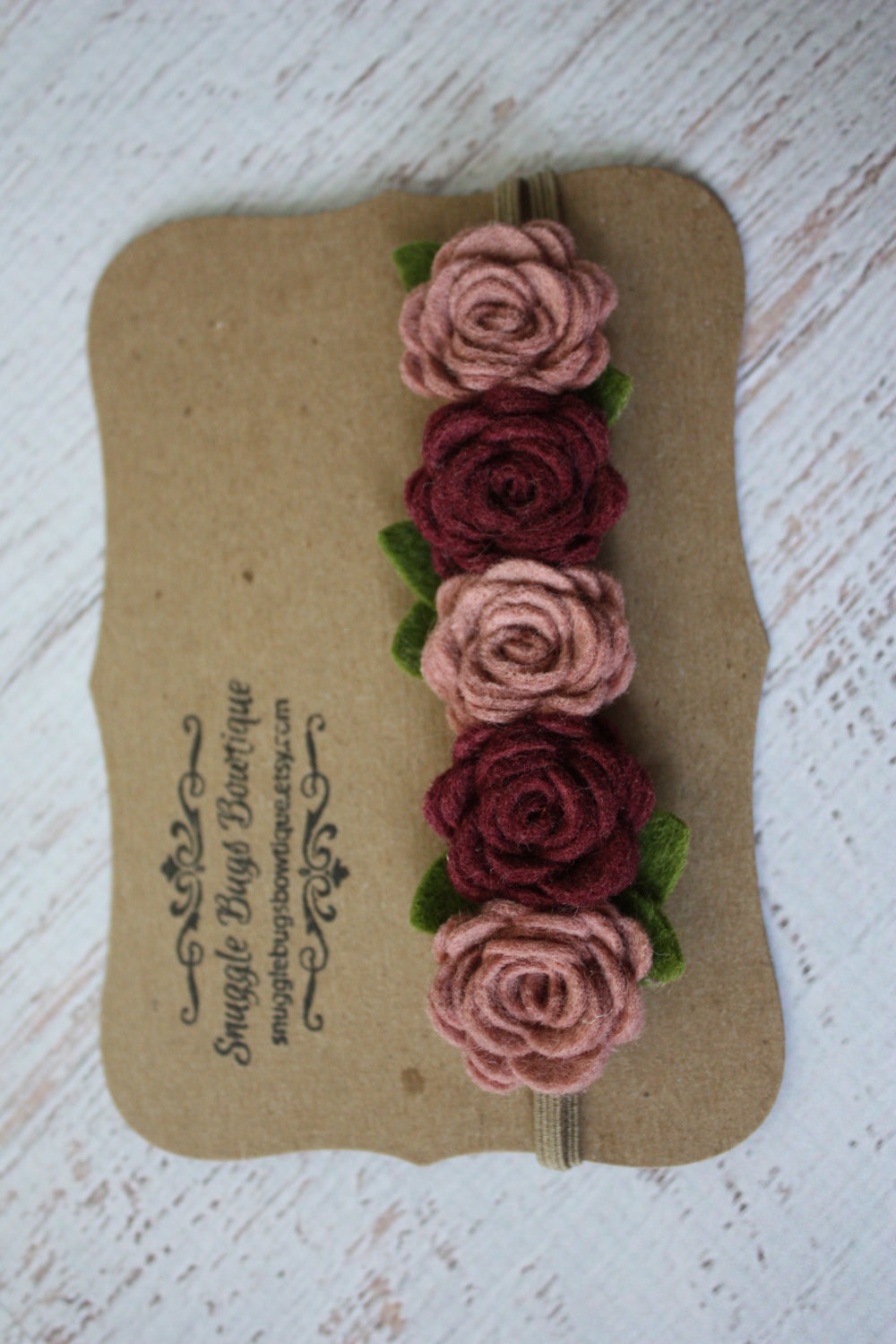 Cameo Pink and Wine Rose Garland Headband  - Newborn Baby to Adult - Wool Felt Flower Headband