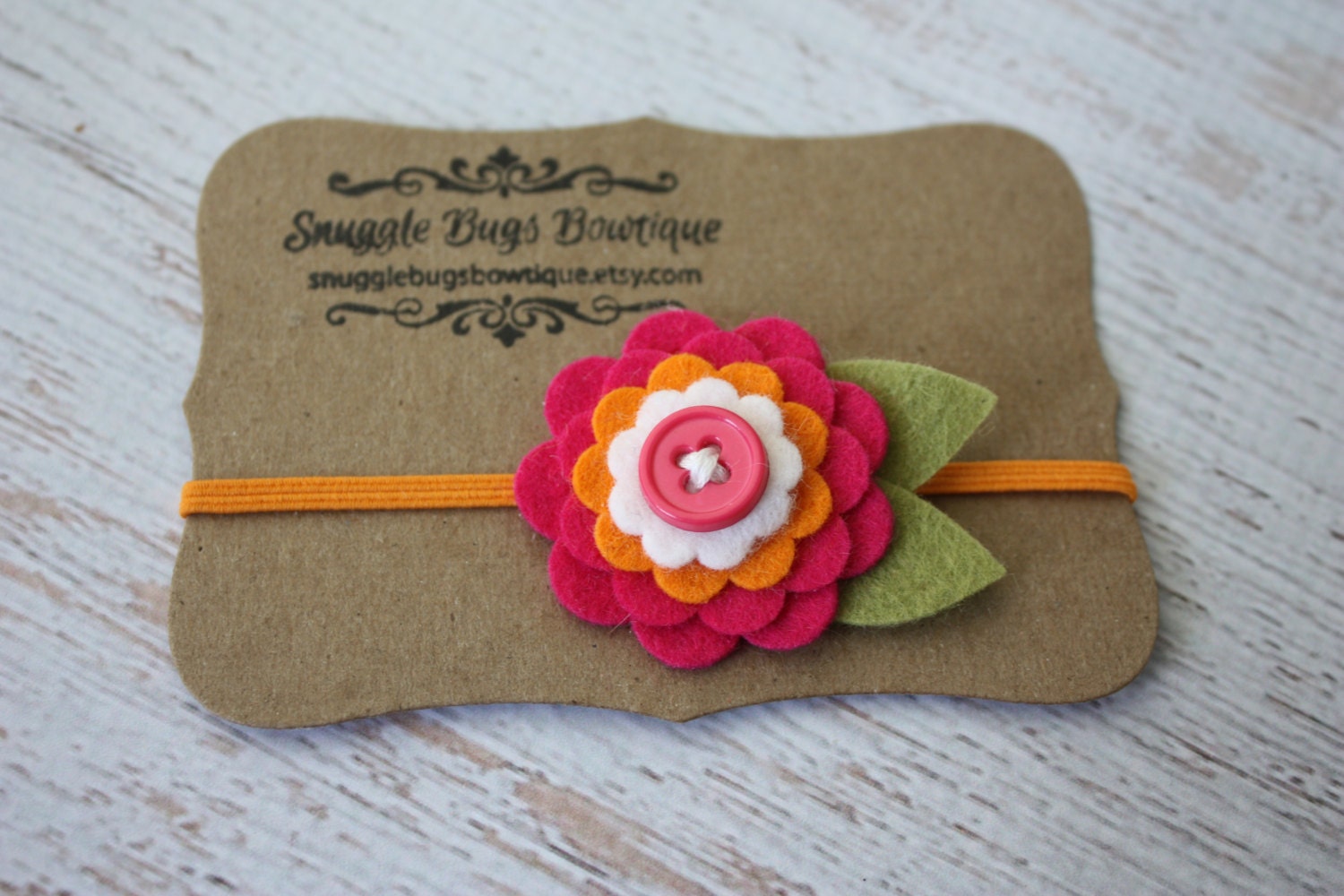 Wool Felt Button Flower Headband in Orange and Magenta Pink - Skinny Elastic - Newborn to Adult