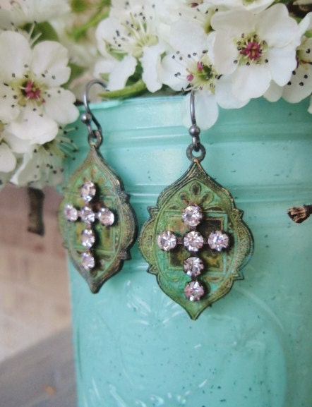 Rustic Rhinestone cross earrings 'Moroccan Soul'  green aqua turquoise color sparkily crystal cross, religious , lightweight bohemian chic