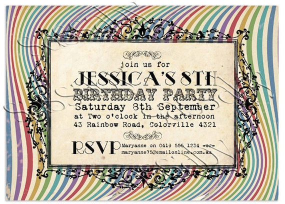 Vintage Rainbow Invitation - Kids, Boys, Girls, Adult Birthday Party DIY PRINTABLE FILE by Sassaby Il_570xn