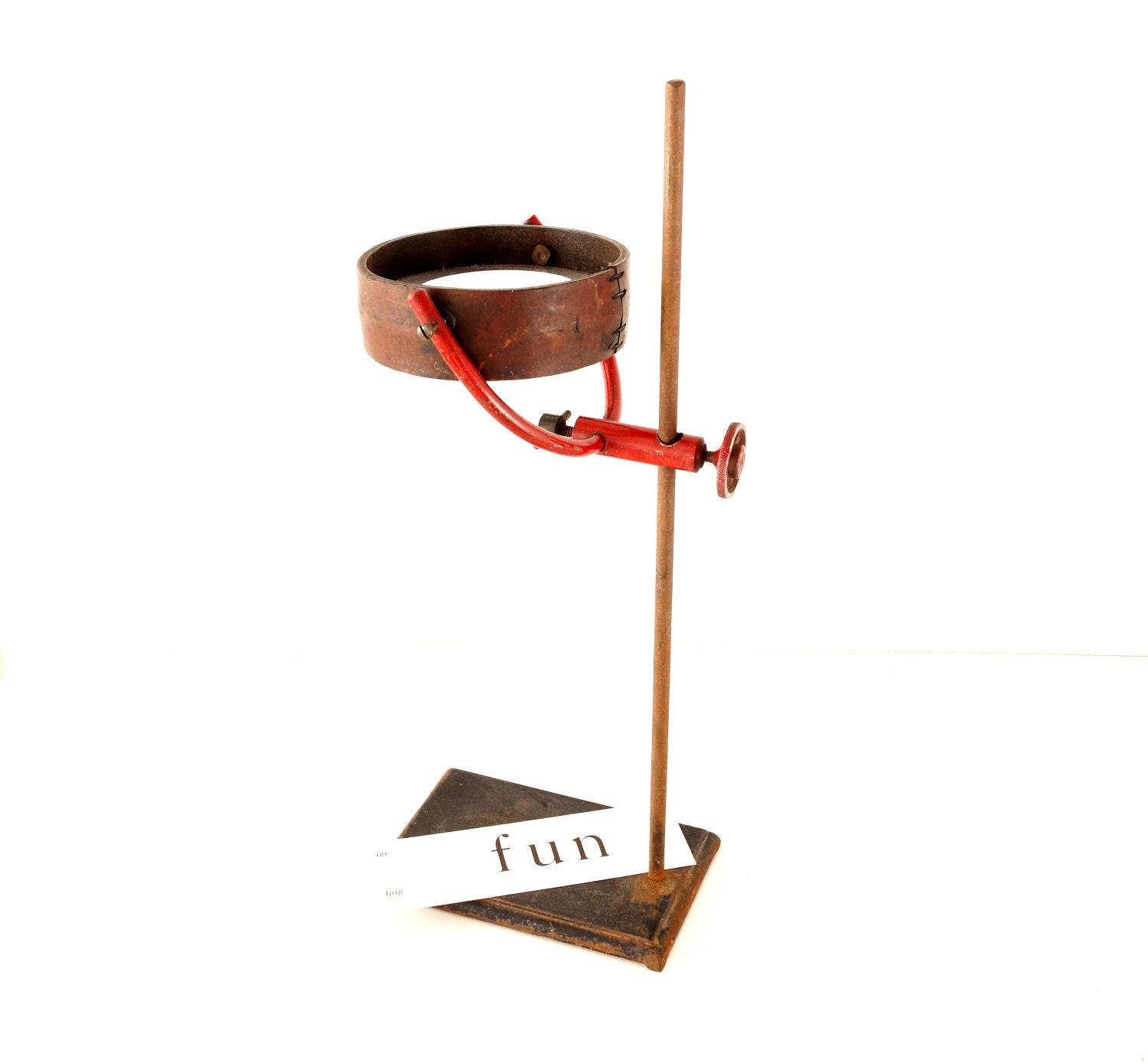 Vintage Industrial Magnifying Glass on Metal Stand, Adjustable (Leather Wrapped, Red Metal) - Industrial Home Decor